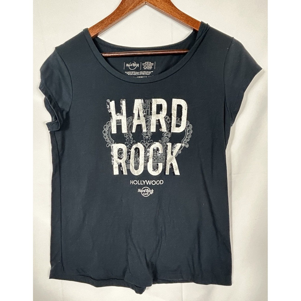 Hard Rock Cafe Hollywood Womens Black Sequined‎ Crown T-shirt Size M Y2K Grunge